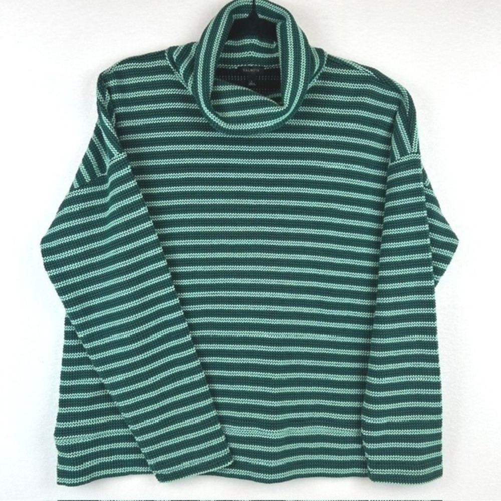 Talbots Cowl Neck Sweater 2 Toned Green Striped Knit Pullover Women Size L